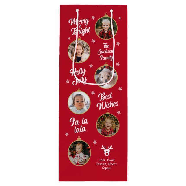 6 Photos Red and White Christmas Ornaments Family Wine Gift Bag (Front)
