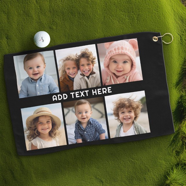 6 Photos with White Text on Black Golf Towel (Custom Golf Towel with Photo Collage)