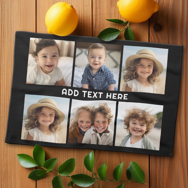 6 Photos with White Text on Black Tea Towel (Custom Kitchen Towel with Photo Collage)