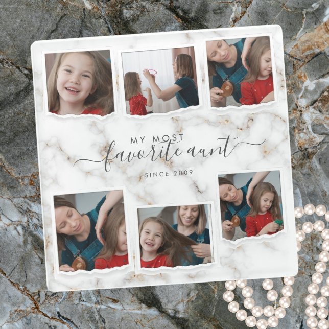6 Six Photo Collage Aunty Modern Elegant Family Glass Coaster (Creator Uploaded)