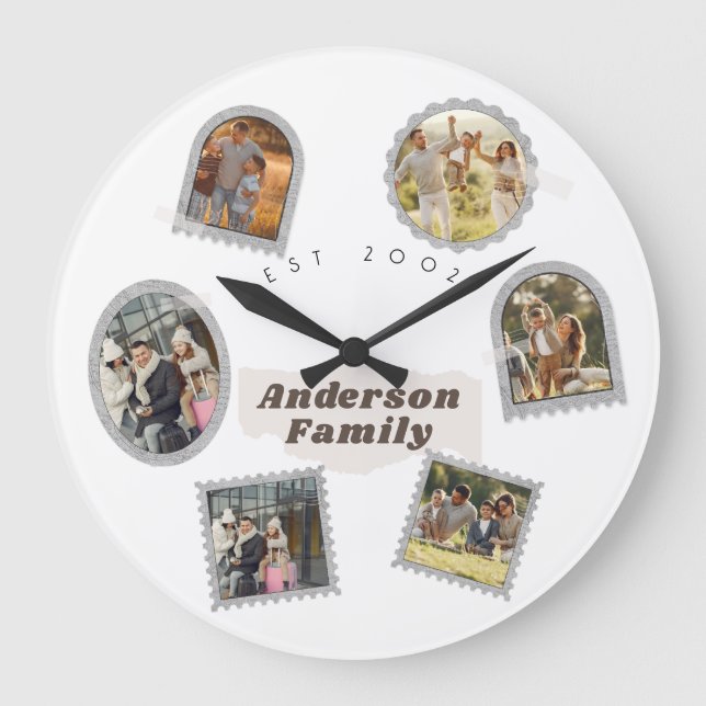 6 Six Photo Modern Elegant Collage Family Love Large Clock (Front)