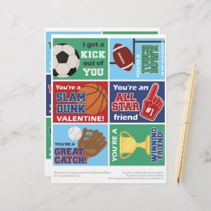 6 Sports Kids Classroom Valentines Day Cards Custom Letterhead