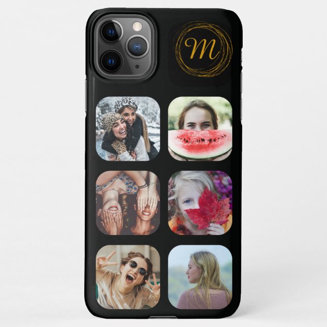 6 Square Photo Collage Black Monogram iPhone Case (Back)