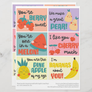 6 Sweet Fruit Kids Classroom Valentines Day Cards Custom Letterhead