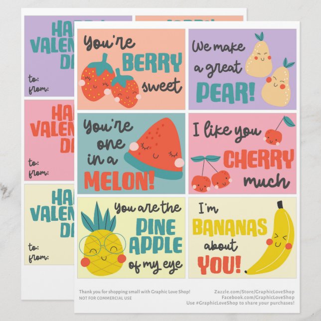 6 Sweet Fruit Kids Classroom Valentines Day Cards Custom Letterhead (Front/Back)