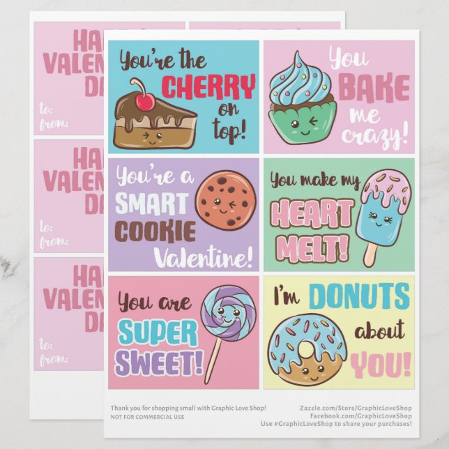 6 Sweet Treats Kids Classroom Valentines Day Cards Custom Letterhead (Front/Back)