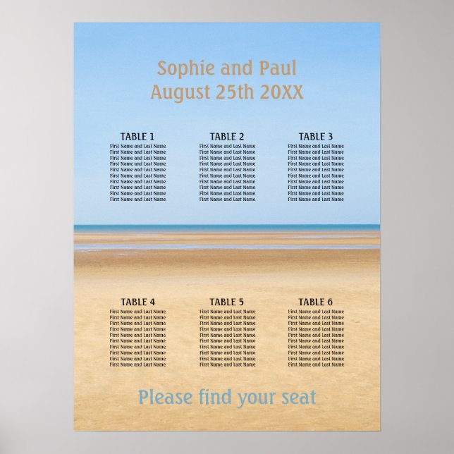 6 Table Beach Wedding Seating Chart (Front)