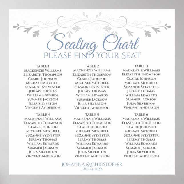6 Table Blue & Gray Elegant Wedding Seating Chart (Front)