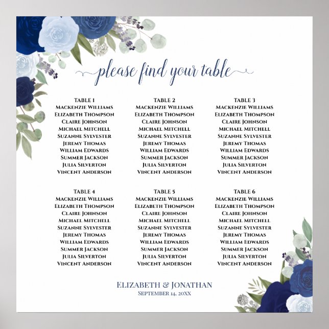 6 Table Blue Roses Boho Wedding Seating Chart (Front)