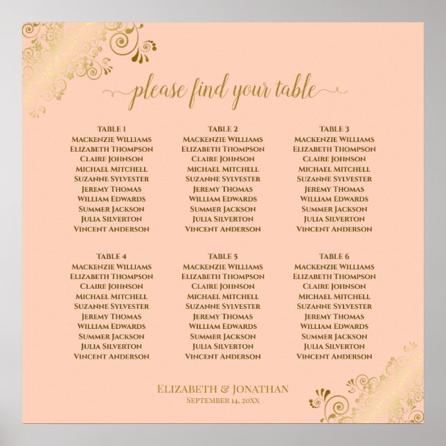 6 Table Coral Peach & Gold Wedding Seating Chart (Front)