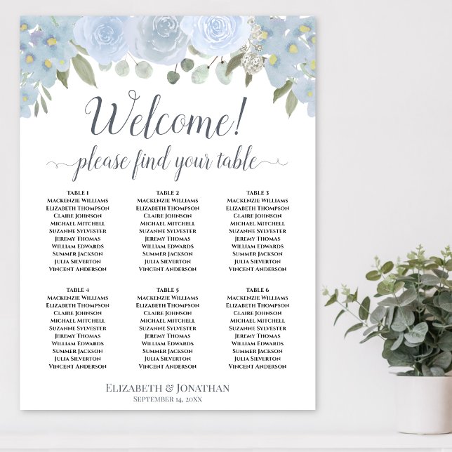 6 Table Dusty Blue Floral Wedding Seating Chart (In Situ on Wall)