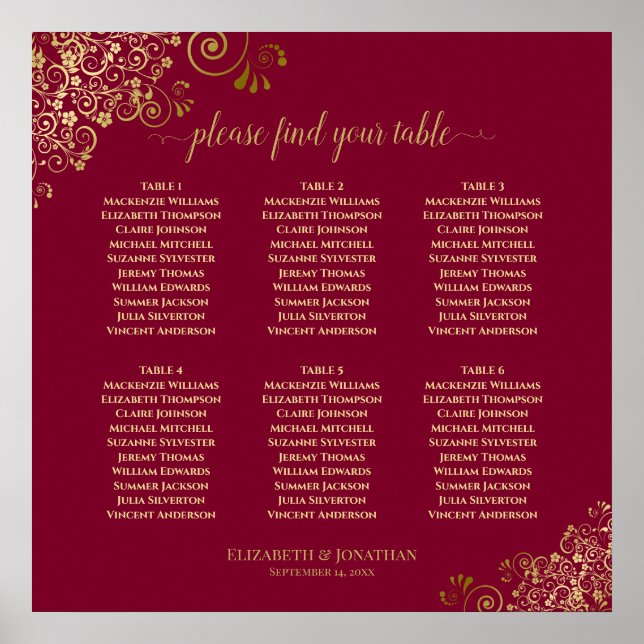 6 Table Elegant Gold & Burgundy Seating Chart (Front)