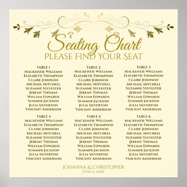 6 Table Elegant Gold & Cream Wedding Seating Chart (Front)
