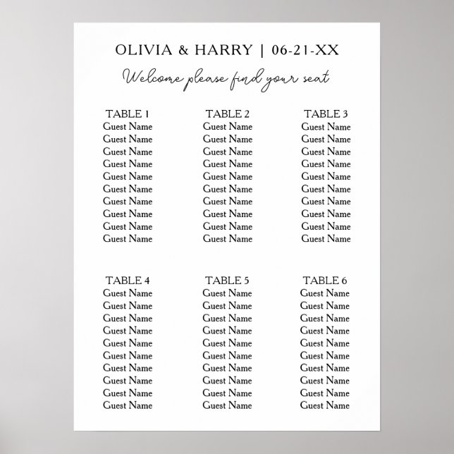 6 Table | Elegant Modern Wedding Seating Chart (Front)