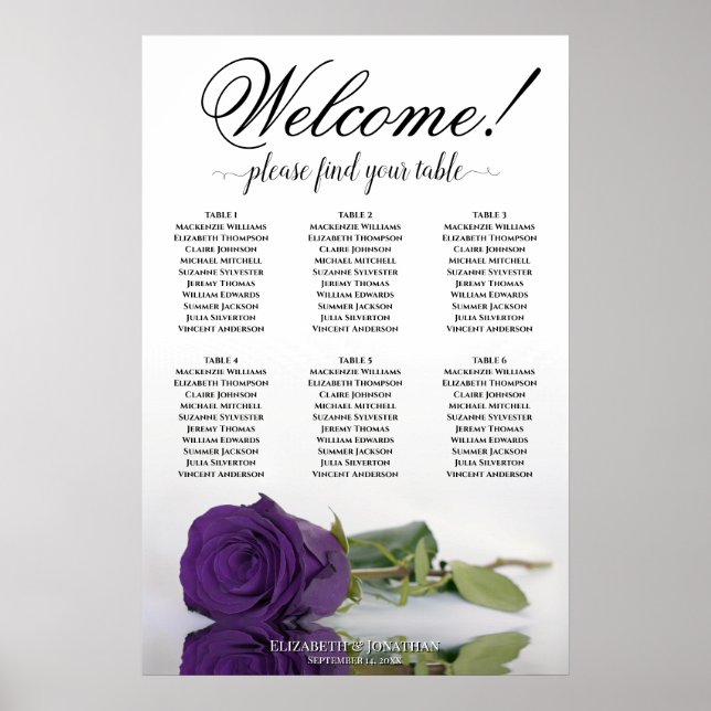 6 Table Elegant Royal Purple Rose Seating Chart (Front)