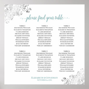 6 Table Frilly Wedding Seating Chart Teal on White
