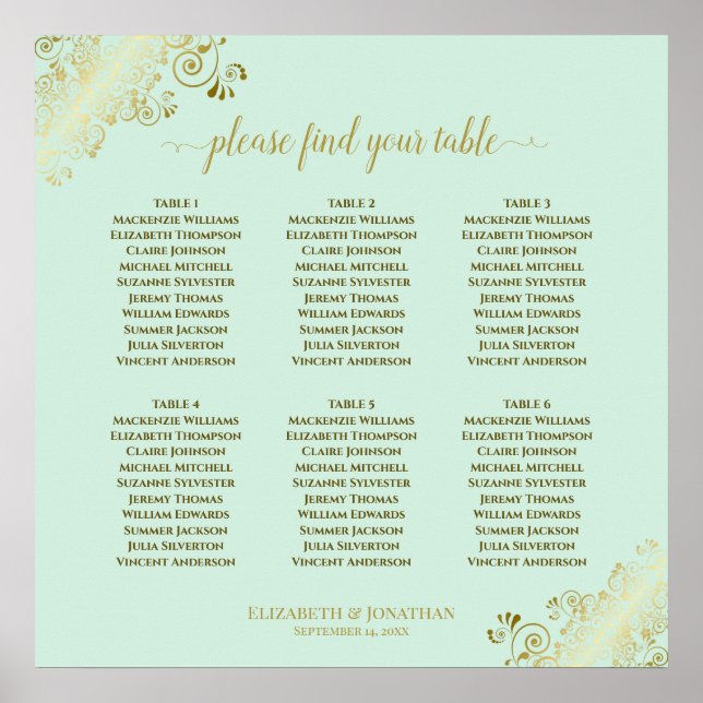 6 Table Neo Mint & Gold Wedding Seating Chart (Front)