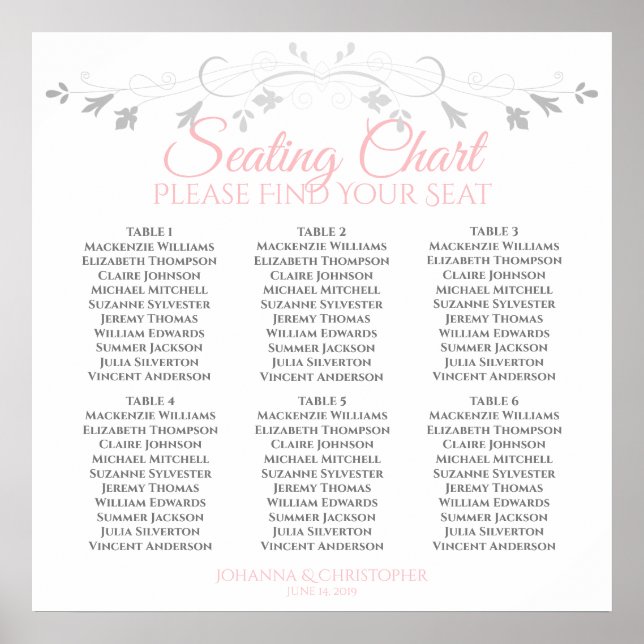 6 Table Pink & Grey Wedding Seating Chart (Front)