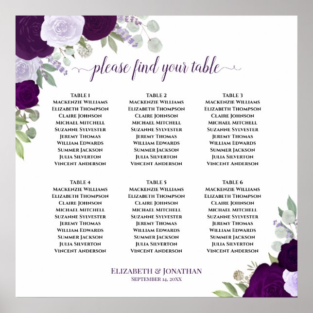6 Table Purple Floral Boho Wedding Seating Chart (Front)