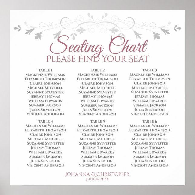 6 Table Rose & White Elegant Wedding Seating Chart (Front)