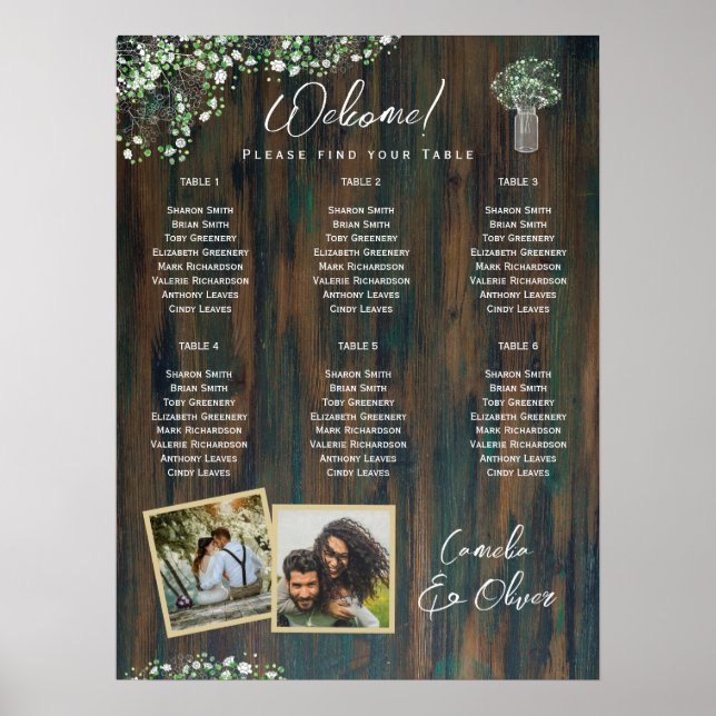 6 Table Rustic Gypsophila PHOTO Seating Chart  Foa (Front)