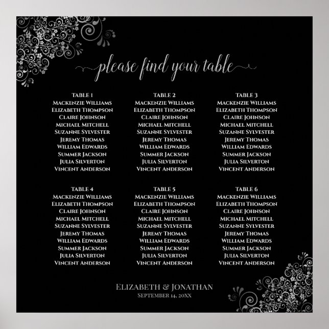 6 Table Silver Lace Black Wedding Seating Chart (Front)