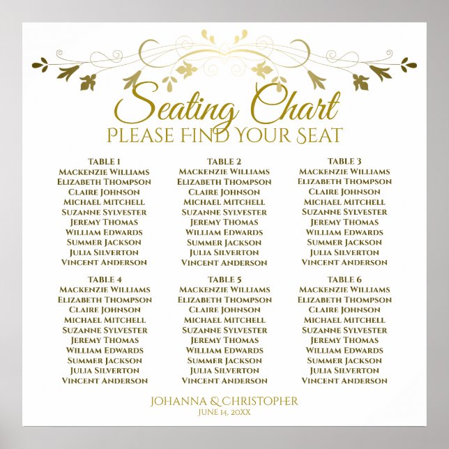 6 Table Simple Elegant Gold Wedding Seating Chart (Front)