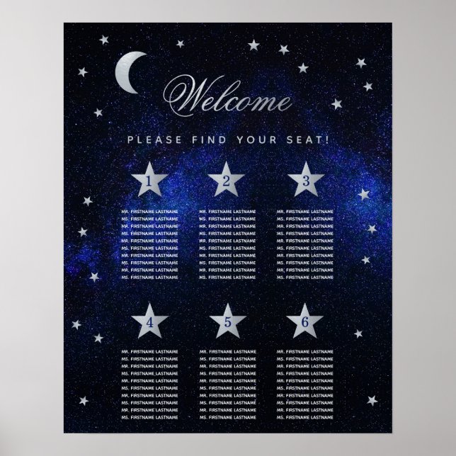 6 Table Sky Stars Celestial Wedding  Seating Chart (Front)