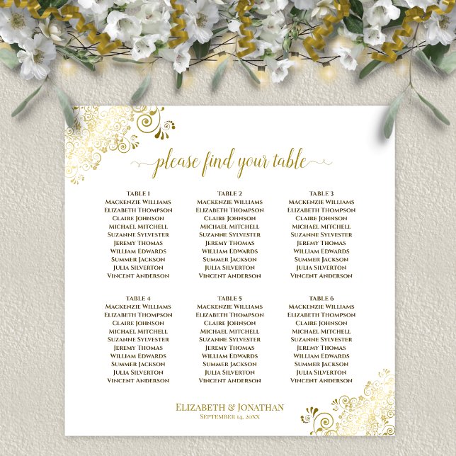 6 Table Wedding Seating Chart Gold Frills on White (In Situ on Wall with Decorations)