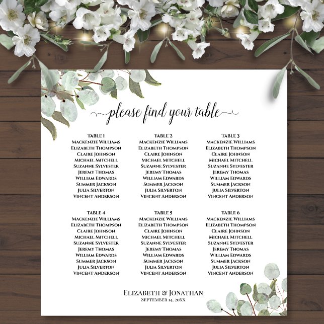 6 Table Wedding Seating Chart Rustic Eucalyptus (In Situ on Wall with Flowers)