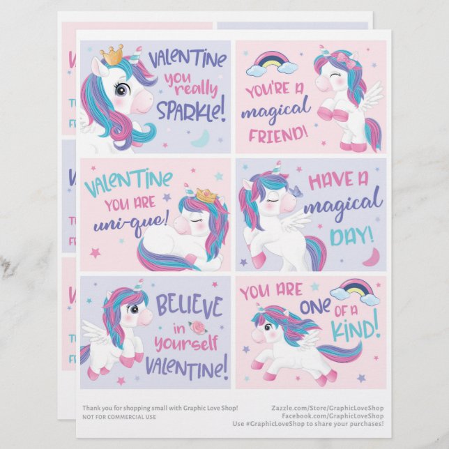 6 Unicorn Kids Classroom Valentines Day Cards Custom Letterhead (Front/Back)