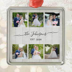 6 Wedding Photo Heart Swash Signature White Wood Metal Ornament
