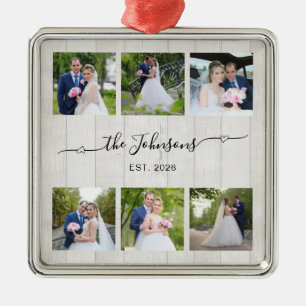 6 Wedding Photo Heart Swash Signature White Wood Metal Ornament