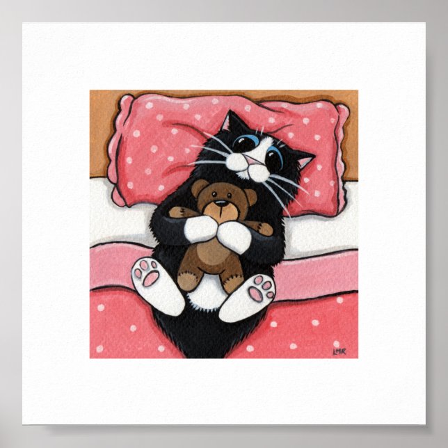 6" x 6" | Whimsical Cat Art | Cat with Teddy Poster (Front)