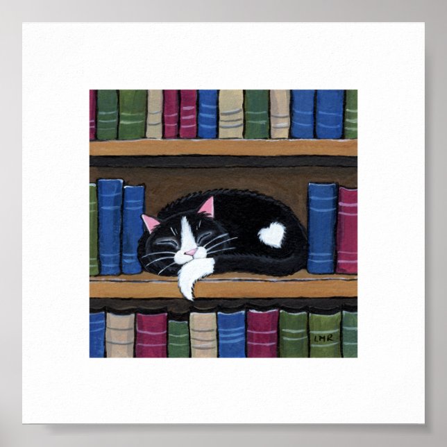6" x 6" | Whimsical Cat Art | Sleeping Book Cat Poster (Front)