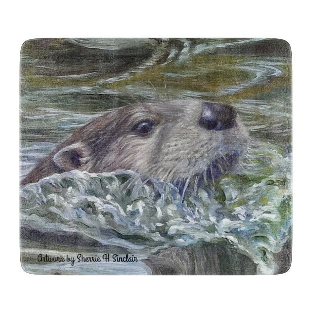 6" x 7" Glass Cutting Board with Otter (Front)