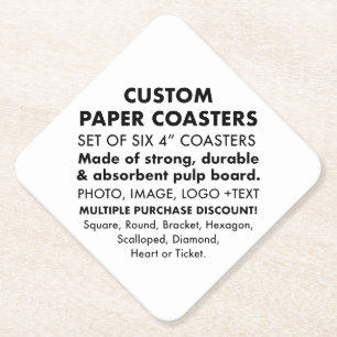 6 x Custom Personalised 4" DIAMOND Paper Coasters