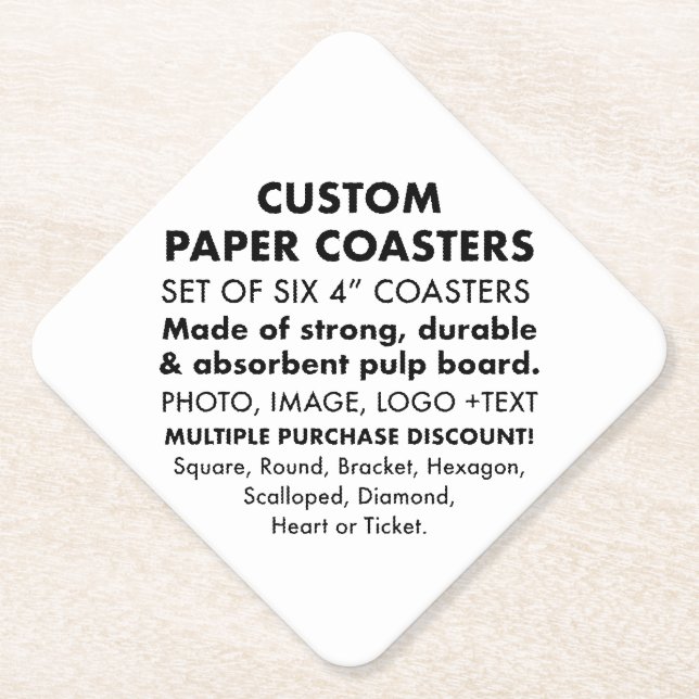 6 x Custom Personalised 4" DIAMOND Paper Coasters (Front)