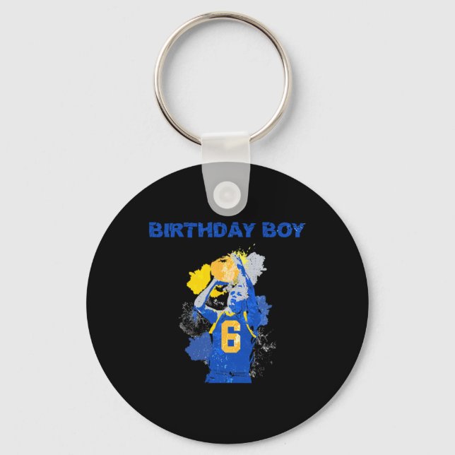 6 Years Old Birthday Boy Blue And Yellow Basketbal Key Ring (Front)