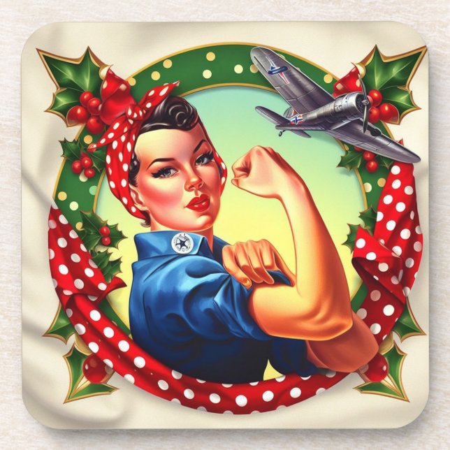 6Cork Backed Coaster - Rosie the Riveter Christmas (Front)