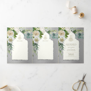 6pg NIKAH WALIMAH White Greenery Silver Wedding Tri-Fold Invitation