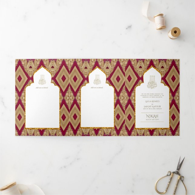 6pg NIKAH WALIMAH White Red Gold Ornate Tri-Fold I Invitation (Outside)