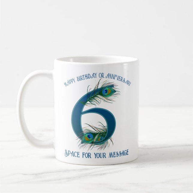 6th Anniversary Peacock Feather Customizable Coffee Mug (Left)