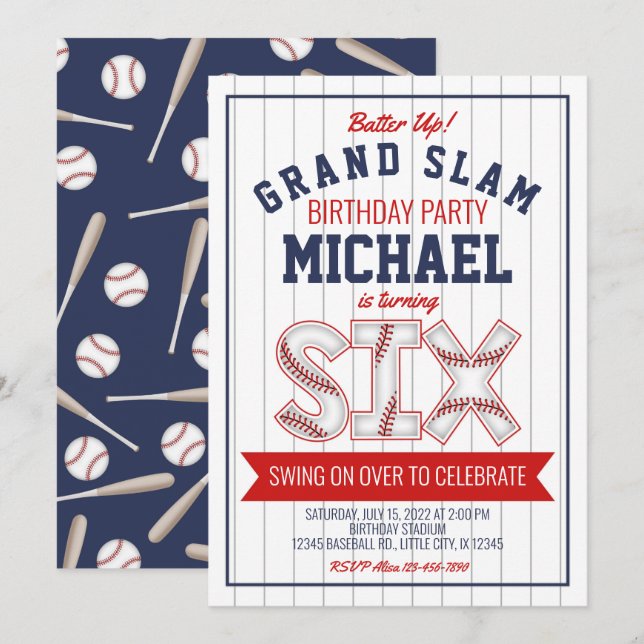 6th Baseball Birthday Invitation (Front/Back)