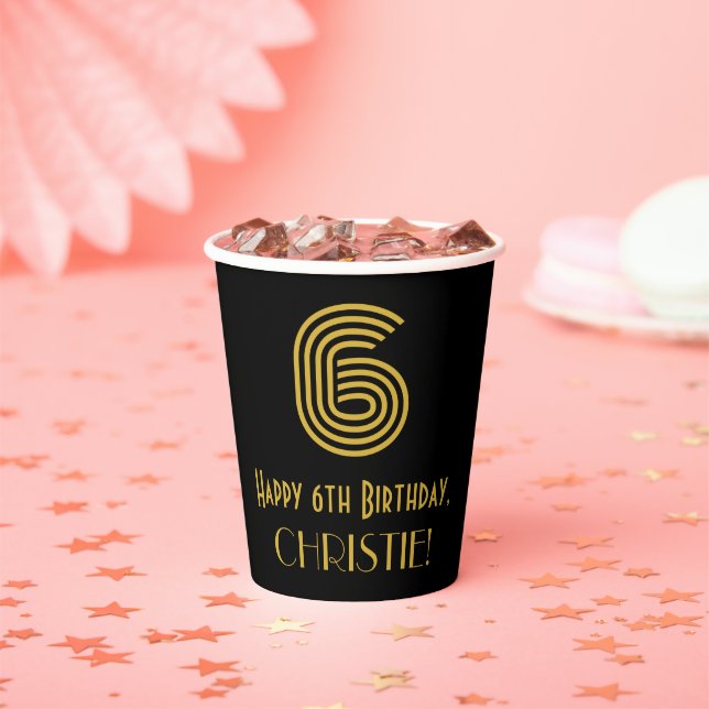 6th Birthday: Art Deco Inspired Look “6” & Name Paper Cups (Insitu)
