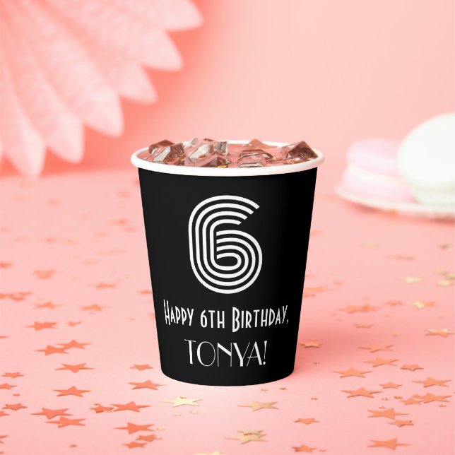 6th Birthday — Art Deco Inspired Look “6” + Name Paper Cups (Insitu)