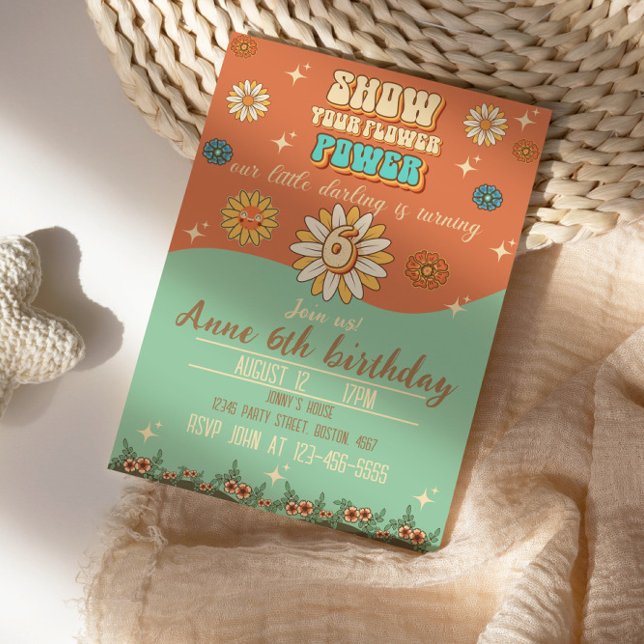 6th birthday bohemian groovy style retro invitation (Creator Uploaded)