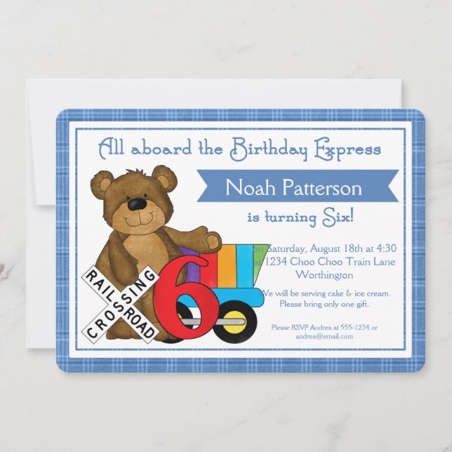 6th Birthday Boy Invitations Teddy Bear Train (Front)