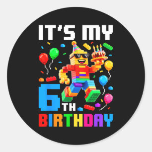 6th birthday building brick 6 years old boys kids classic round sticker