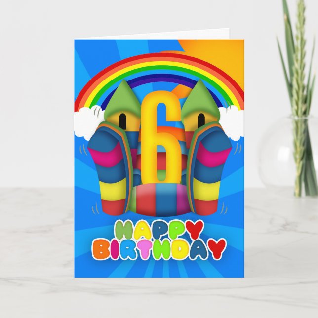 6th Birthday Card With Bouncy Castle And Rainbow (Front)